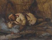 Francois Auguste Biard A Laplander asleep by a fire oil painting on canvas